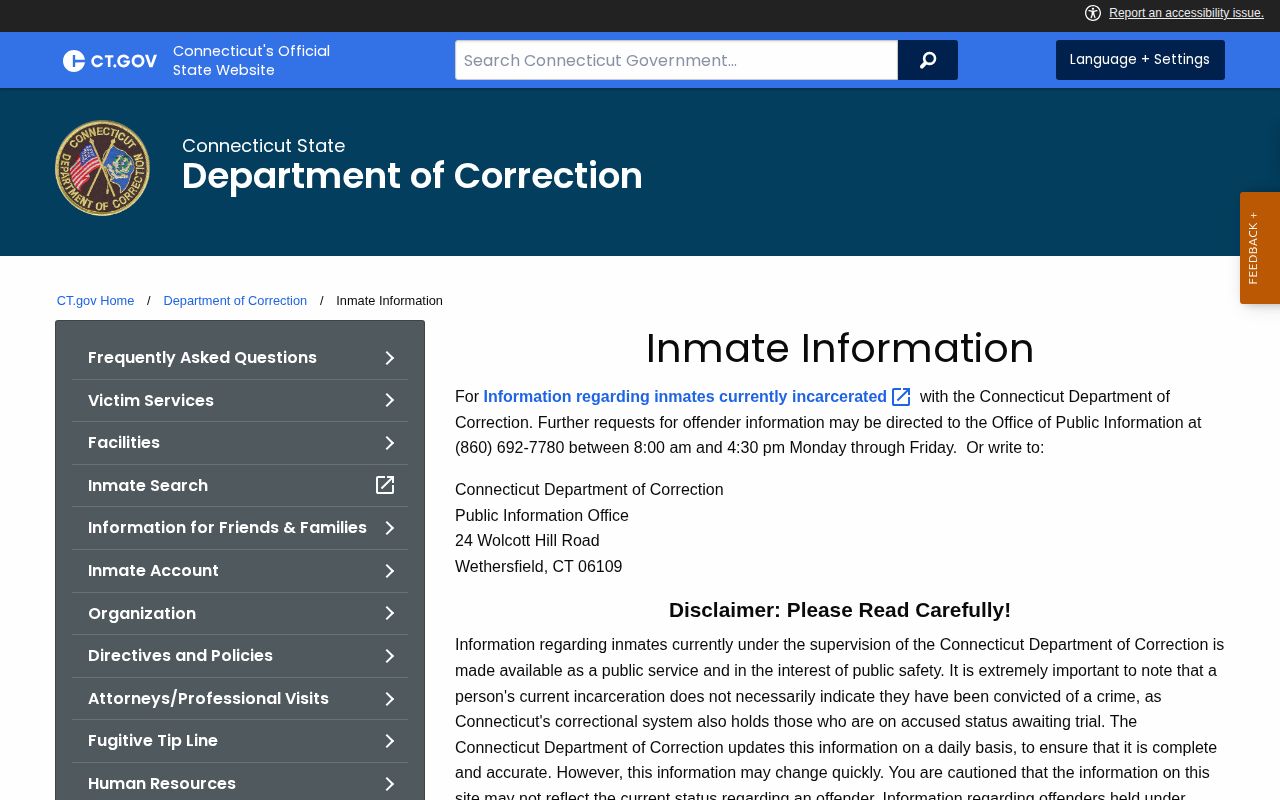Connecticut DOC Hamden custody and inmate information page
