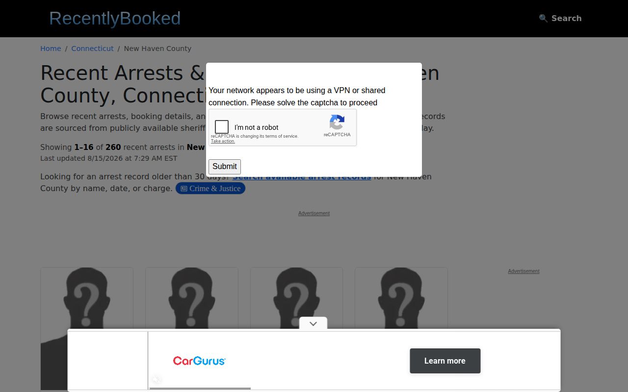 Unofficial New Haven regional booking page relevant to Hamden mugshot research